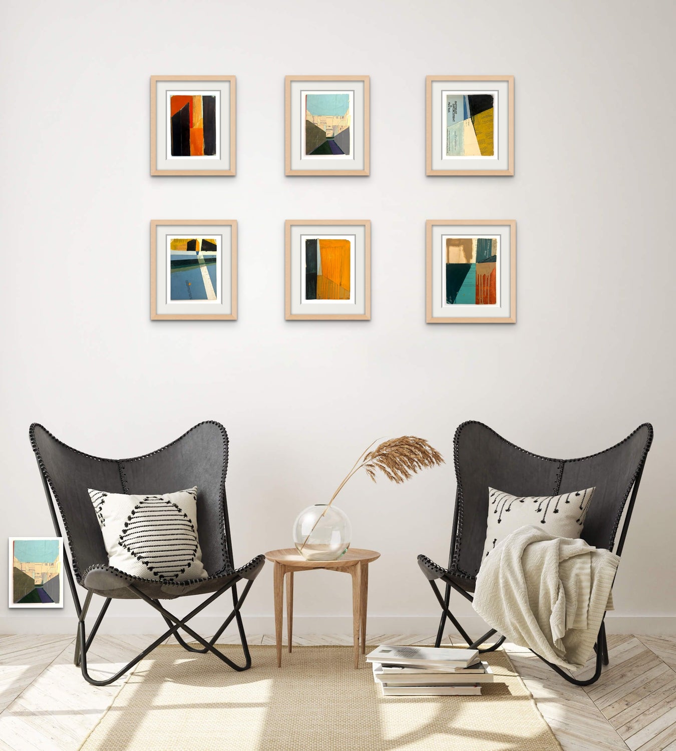 Abstract painting collages in a modern room